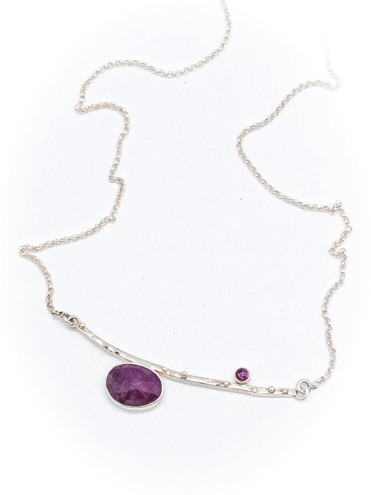 Pink Sapphire and Pink Tourmaline Pebble Bar Silver Necklace