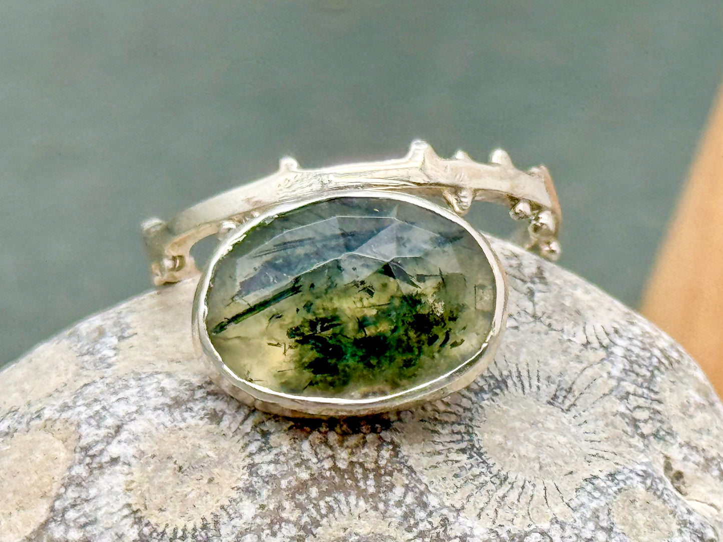 Green Rutilated Quartz Seedling Ring in Sterling Silver