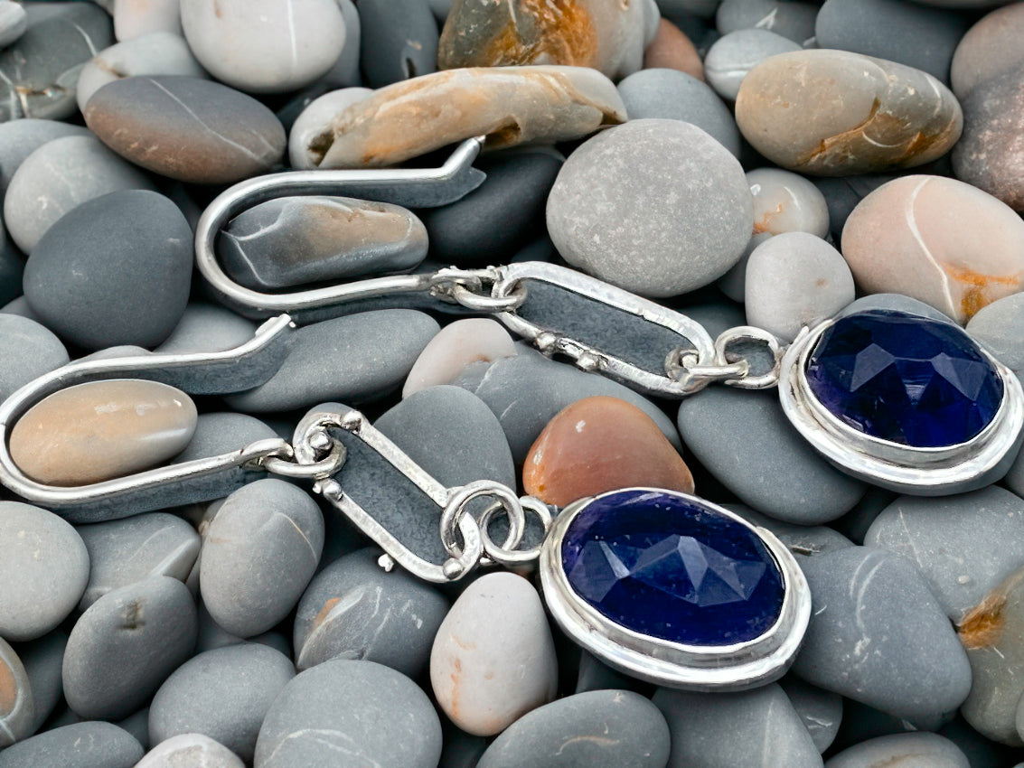 Iolite and Silver Oval Frames and Bubbles Earrings