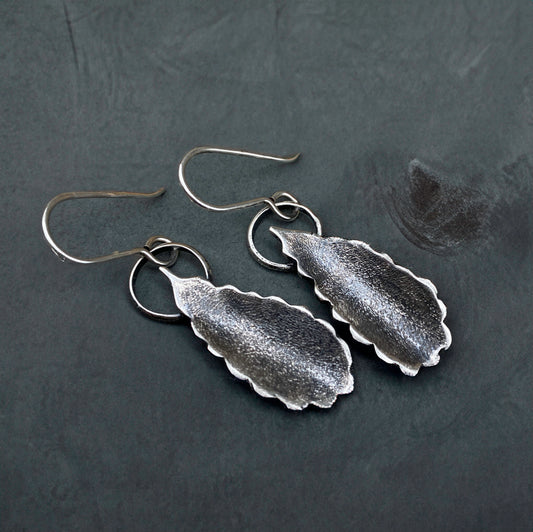 Organic Texture Curled Leaf Earrings in Sterling Silver with dark gray patina